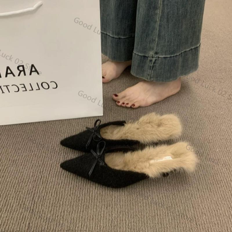 Fashion 2025 High Heel Plush Slides Woman Fashion Elegant Pointed Toe Lamb Hair Slippers Ladies Luxury Plush Evening Party Pump Shoes