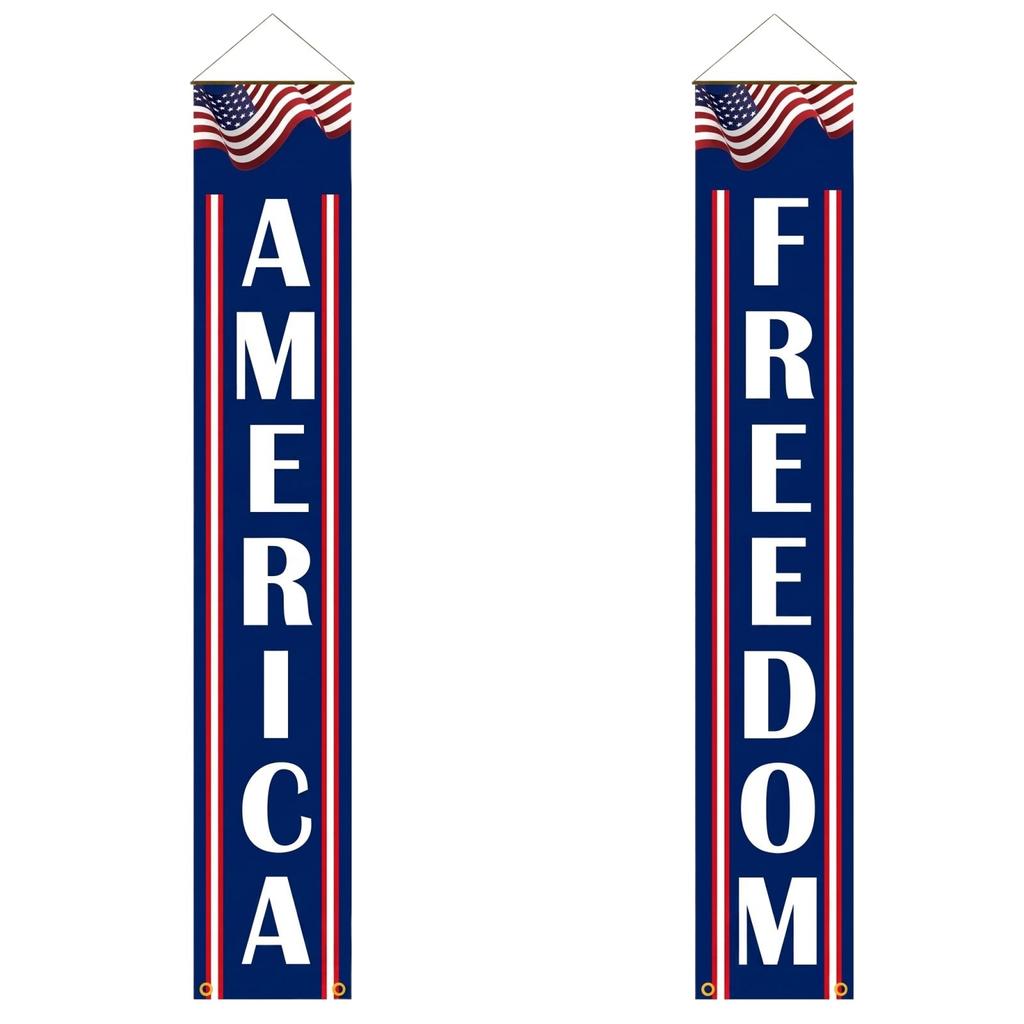Vertical Banner Set with Welcome and The 4th of July Lettering Hanging Porch Sign with Star and Flag Print for Outdoor Decor