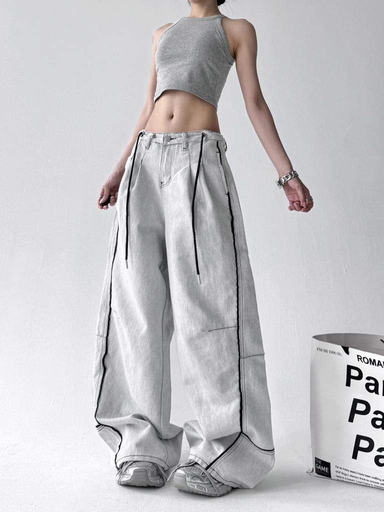Unisex American Retro Patchwork Wide-Leg Gray and White Jeans - 2025 Summer Casual Loose Fit