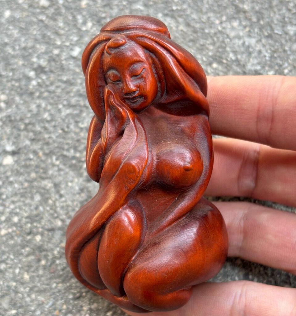 Boxwood Carving Wooden Carved Figure Sexy Pretty Beautiful Woman Bathing Statue