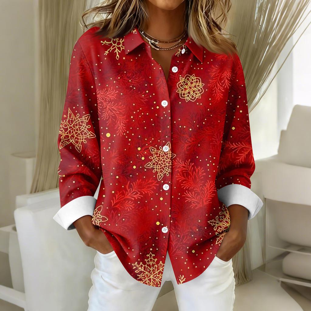 Women's Shirt Blouse Christmas Print Button Long Sleeve Casual Basic Shirt Collar Regular Top