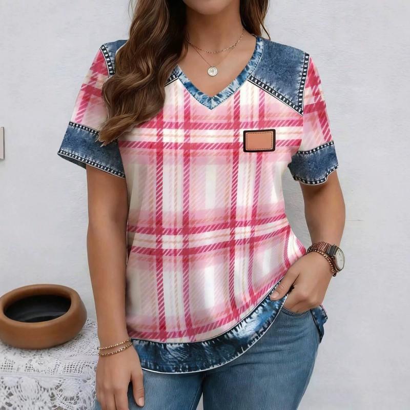 V-Neck Short Sleeve T-Shirt With Blue White Striped Print Loose Fit Casual Top Women 2025