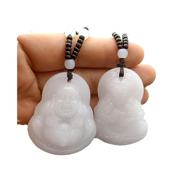 Guanyin Buddha Jade-Style Pendant Necklace with Beads in White, Black, and Green