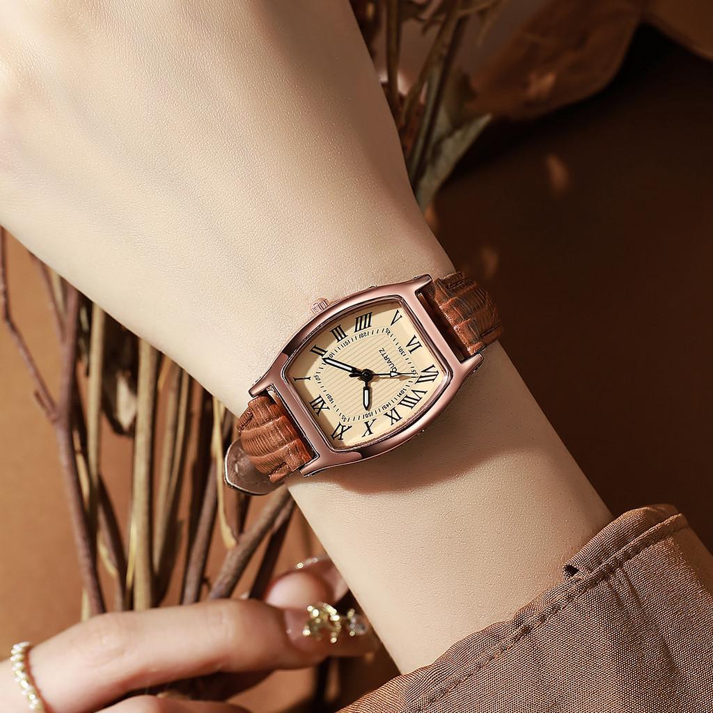 Vintage Barrel Shape Ladies Quartz Watch With Leather Strap For Fashion Women
