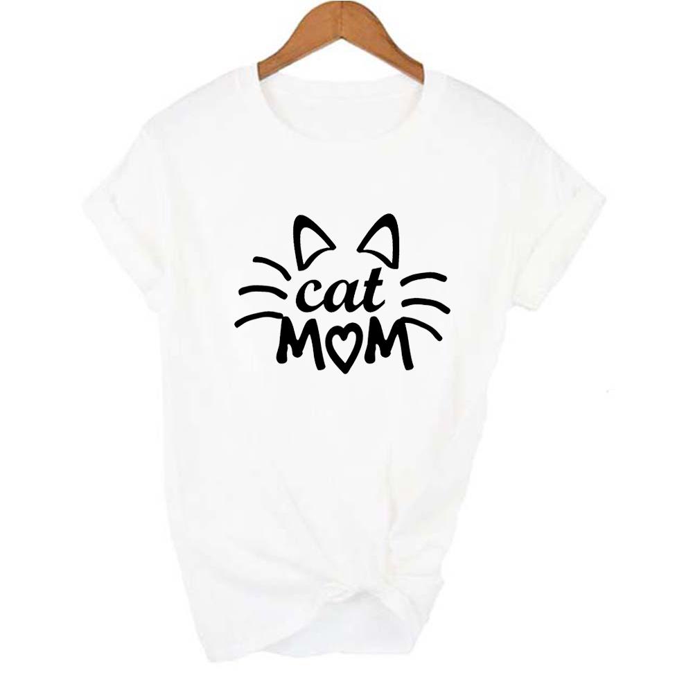 Stay At Home Cat Mom Print Women Shirts Casual Cute Cartoon White Summer Short Sleeve O