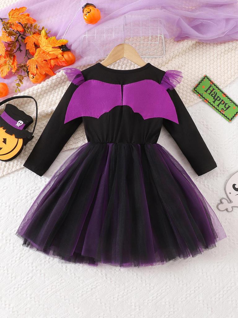 Vestido de Malha Preto e Roxo de Manga Longa com Asas para Meninas - Estilo Festa à Fantasia de Halloween