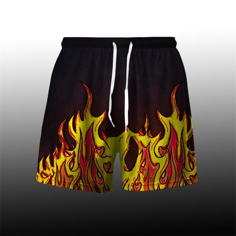 Flame Pattern Cool Harajuku Men's Board Short Y2k Personality Fire Stripe 3D Print Beach Shorts Breathable Loose Fashion Trunks