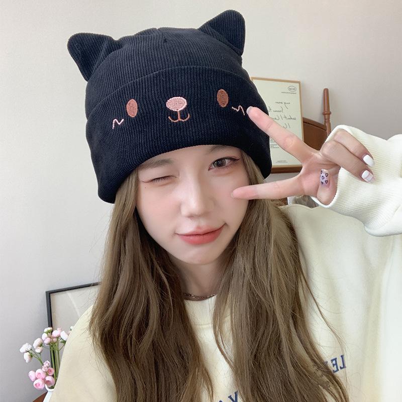 

Knitted wool hat women s autumn and winter cartoon cute rabbit ear hat stack hat warm cover cold hat Big head circumference (56-60cm)