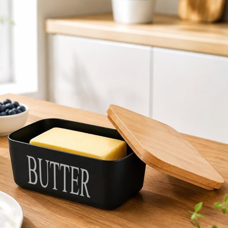 Butter Dish with Natural Wood Lid, Covered Butter Container for Refrigerator Storage and Everyday Table Service