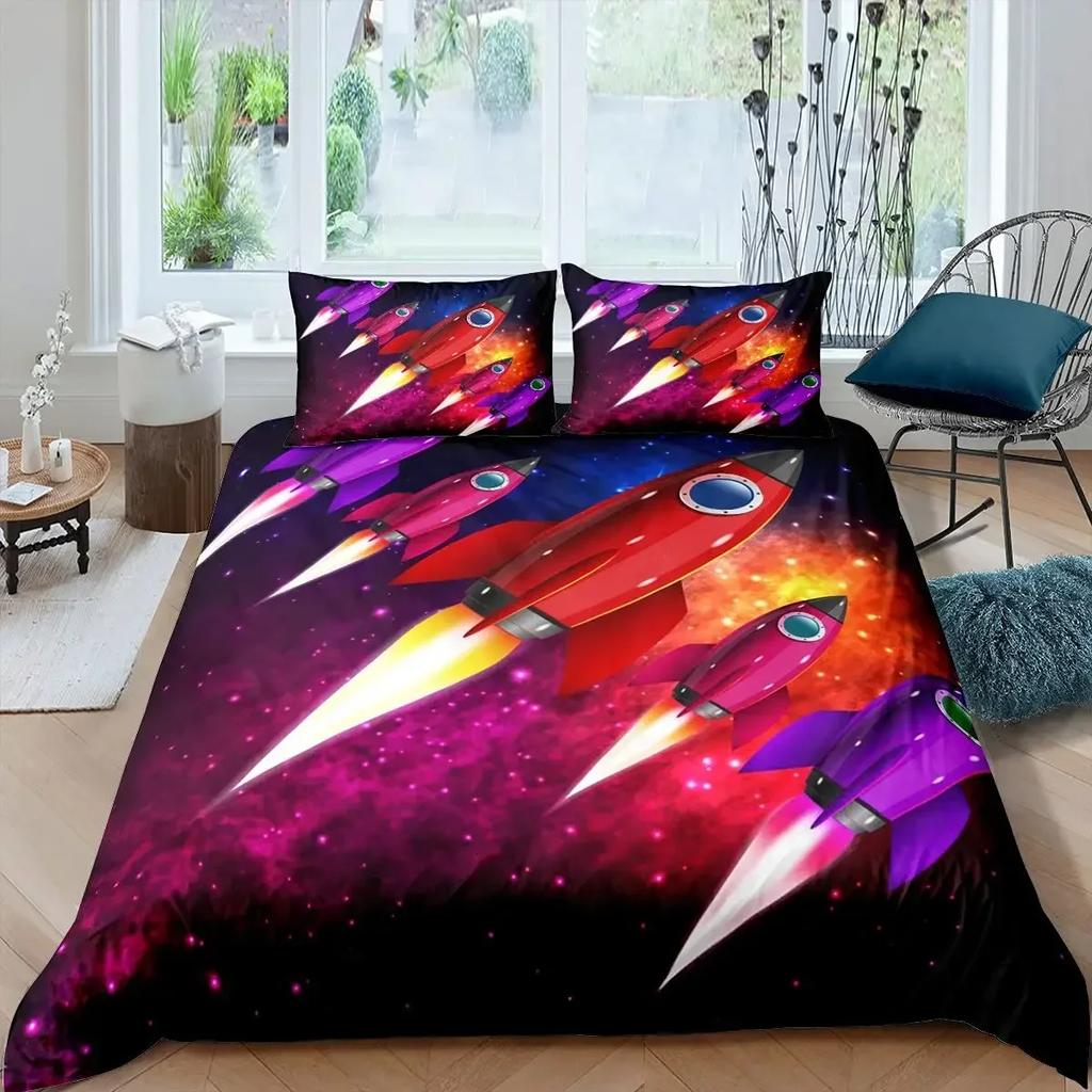 Rocket Spaceship Comfortable Duvet Quilt Cover Pillowcase Bedding Set Children Bedroom Decoration Home Textile