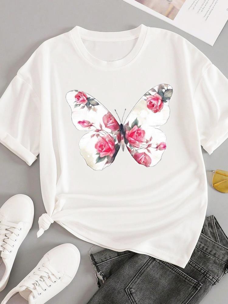 (Asian Size) sweet flower feather Short Sleeve T-shirts Women's Top T Female Print  Fashion O-neck Casual Clothing  Graphic Tee
