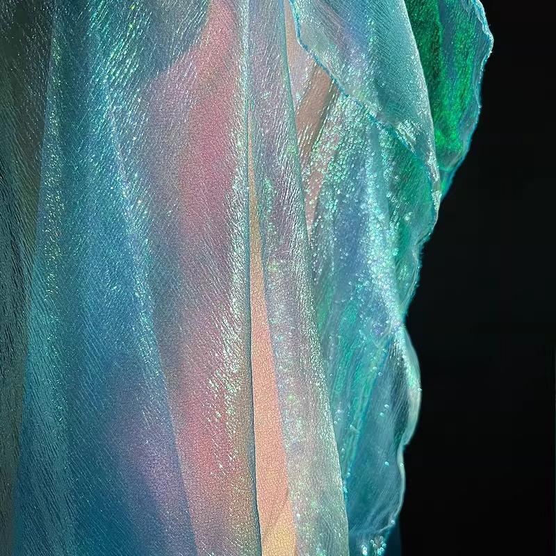 100/300/500cm Blue Mermaid Rainbow Elastic Laser Pleats Gradient Illusion Organza Dress DIY Fabric Designer Fabric