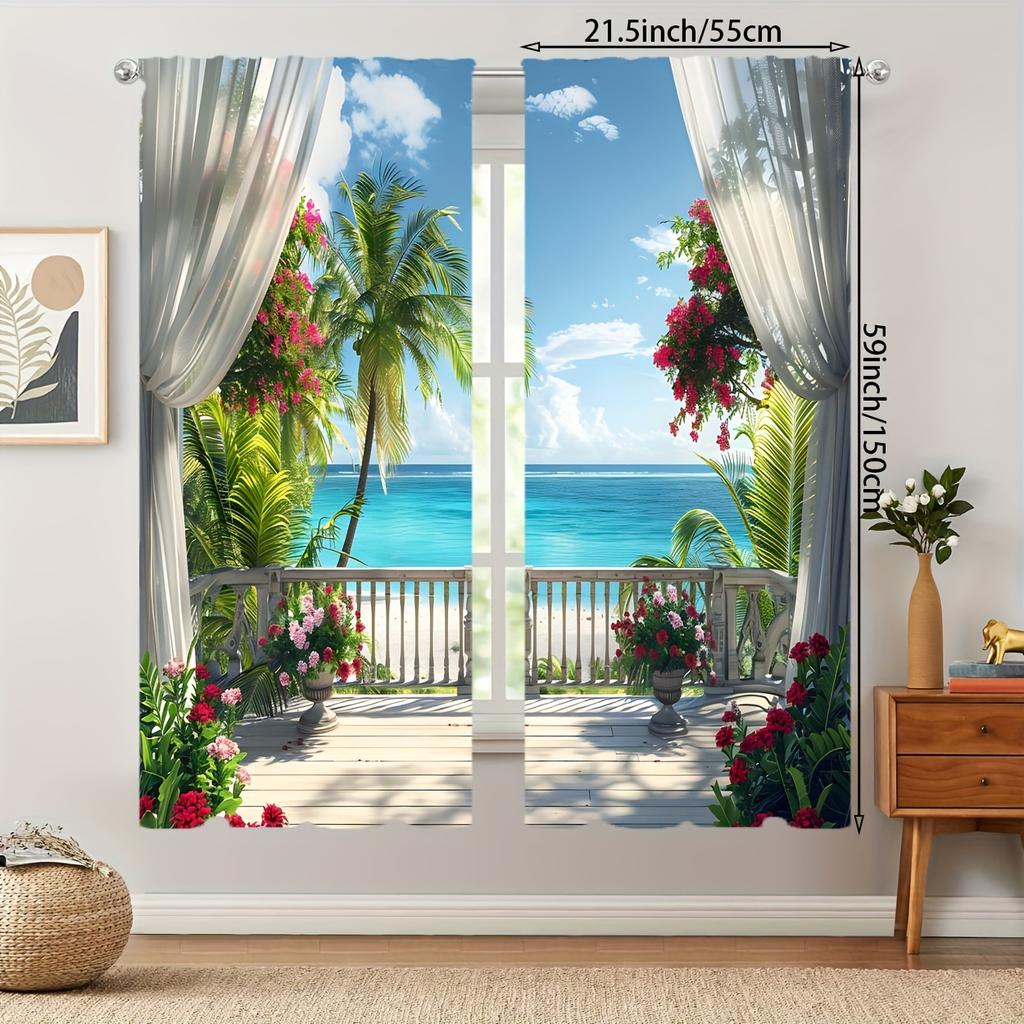 Set Of 2 Modern Tropical Beach Natural Seaside Scenery Curtains Bedroom Study Living Room Balcony Home Decoration Curtain Polyester Perfect For Area