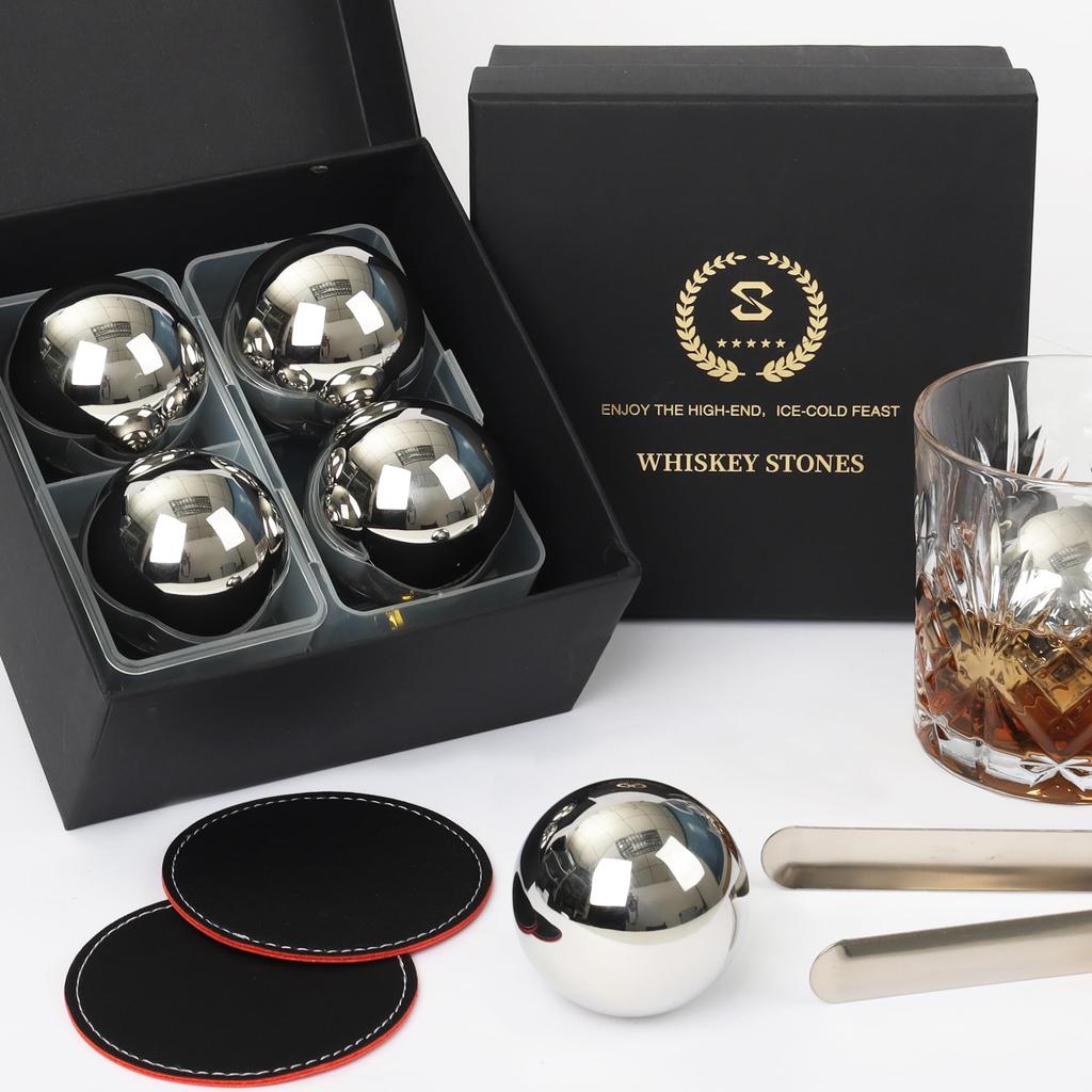 Stainless Steel Ice Cubes - Non-Melt Ice, Stays Cool, Whiskey Ice Cubes, Frozen Cubes, Perfect for Father's Day or Birthday Gift (4 Round Ice Cubes)