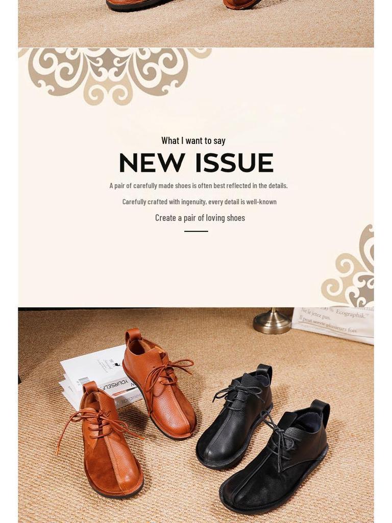 Women's High-Top Genuine Leather Ankle Boots - Soft Sole, Flat Heel, Lace-Up, Comfortable & Lightweight, 2025 Autumn/Winter Collection