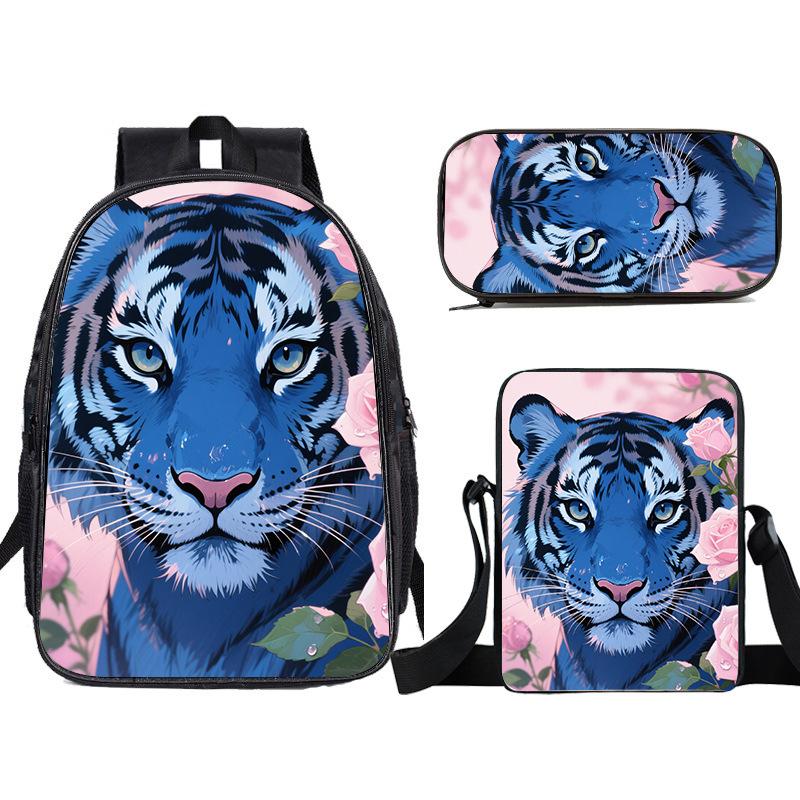 Zaino a forma di tigre dei cartoni animati, grande capacità, zaino per scuola elementare, set da tre pezzi, zaino per bambini, borsa a tracolla, astuccio