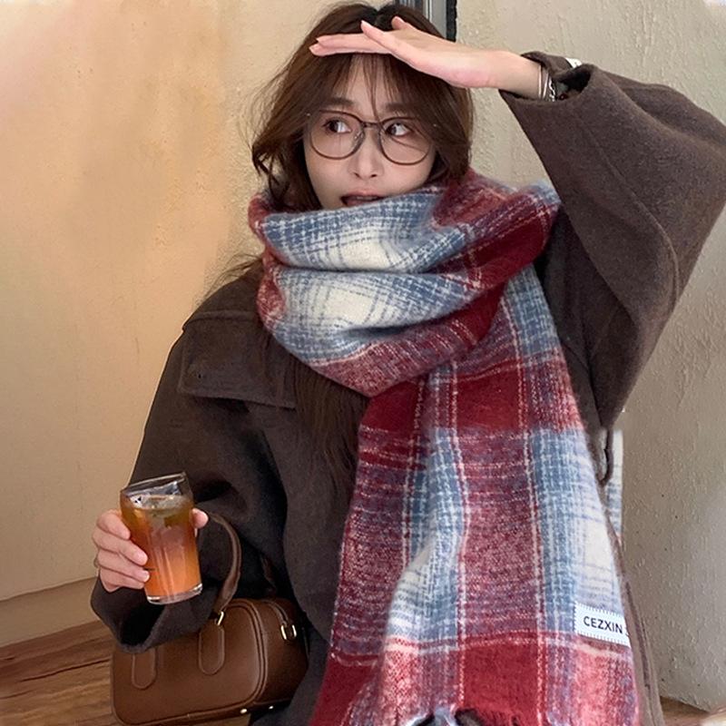 Korean version of mohair plaid scarf women's winter sea salt milk coffee blue thickened atmosphere warm student shawl scarf