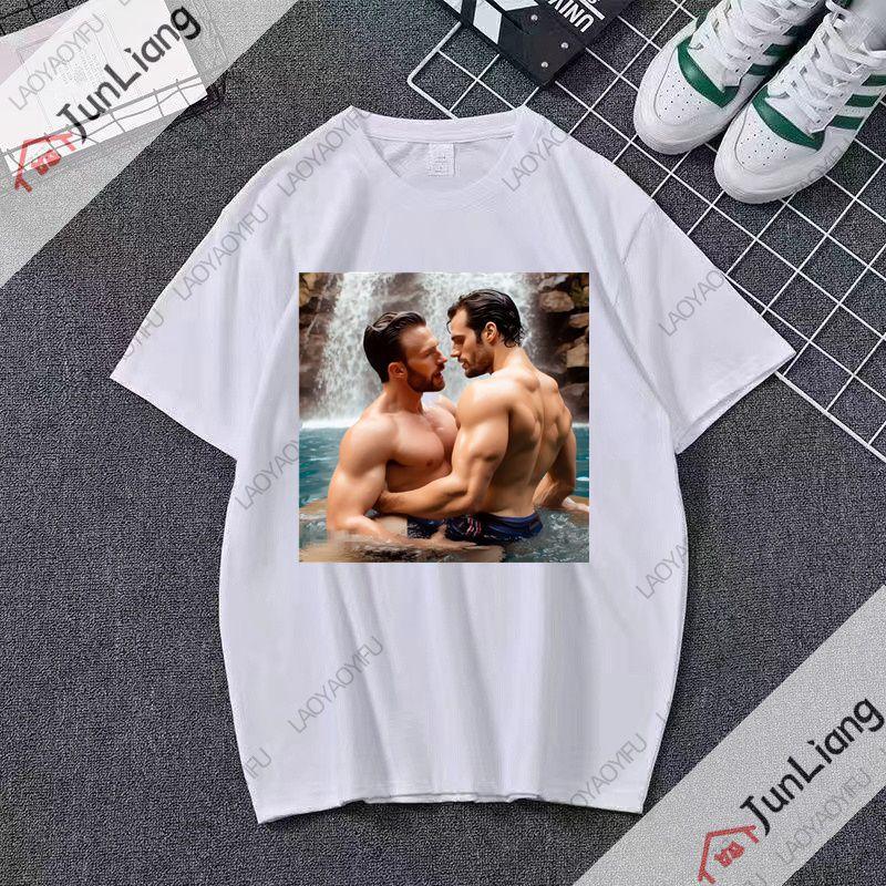 Henry Cavill and Chris Evans Shortsleeved Crewneck Tshirts Trendy Original Streetwear for Men from Harajuku