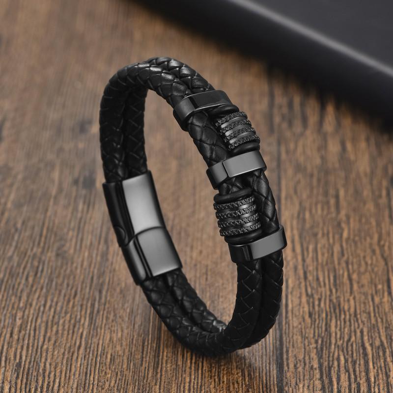 Stainless Steel Geometric Double Wrap Bracelet Men Minimalist Leather Woven Cuff Adjustable Size