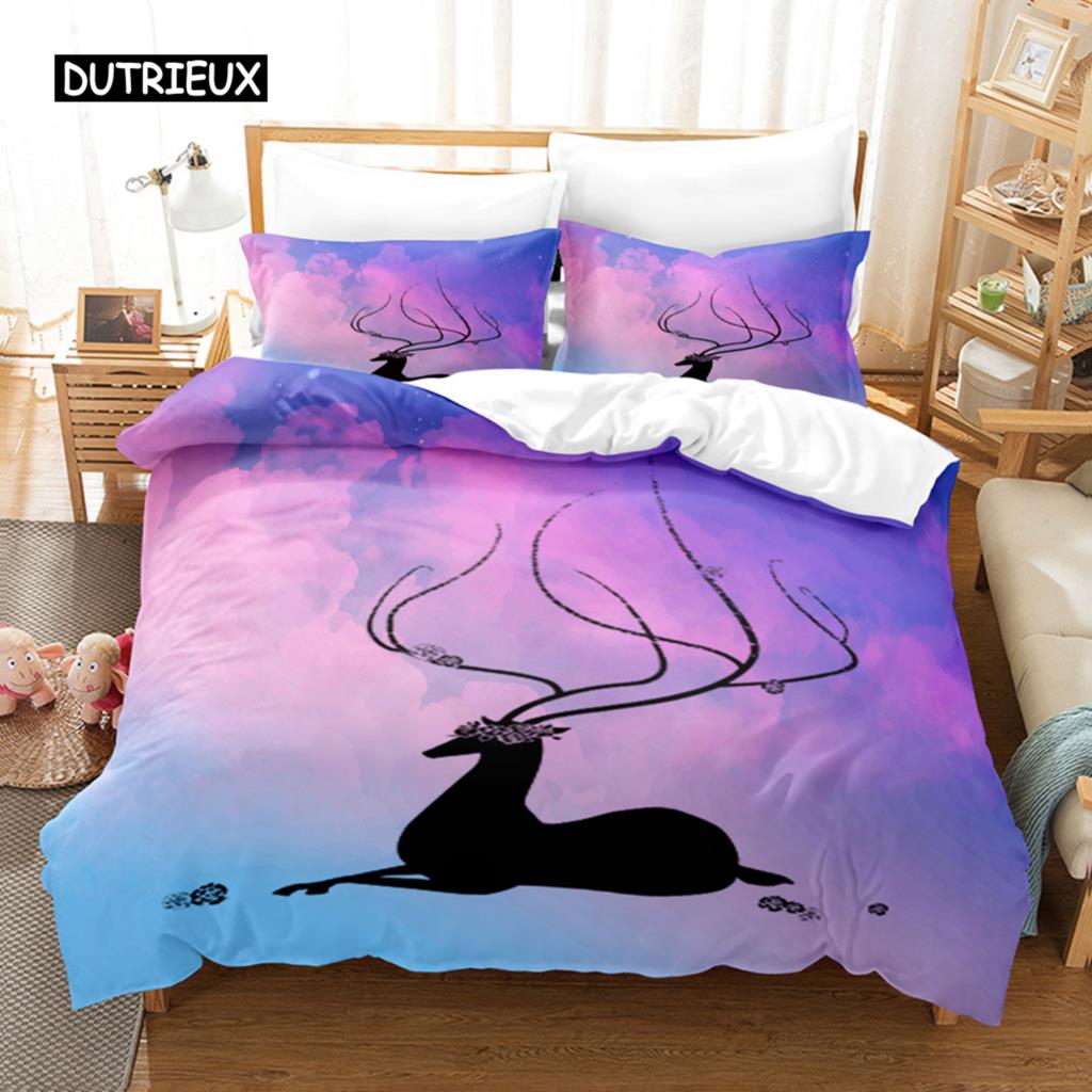 Deer Duvet Cover Set Wild Forest Animal Bedding Set Natural Bedclothes Kids Teens Double Queen King Size Polyester Quilt Cover