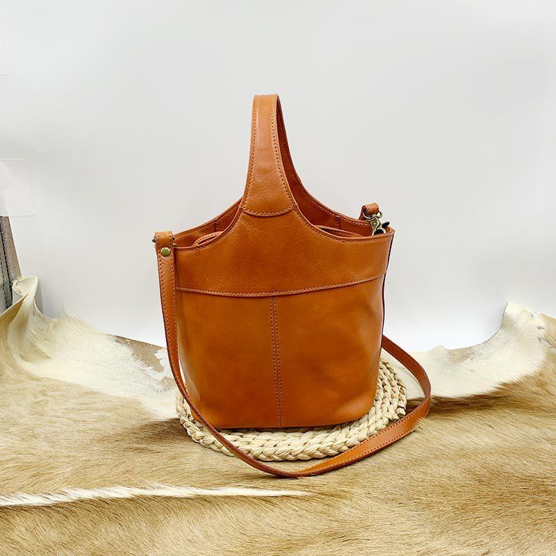Johnature Genuine Leather Retro Bucket Bag Commuter Large Capacity Soft Cowhide Solid Color Women's Shoulder Bag