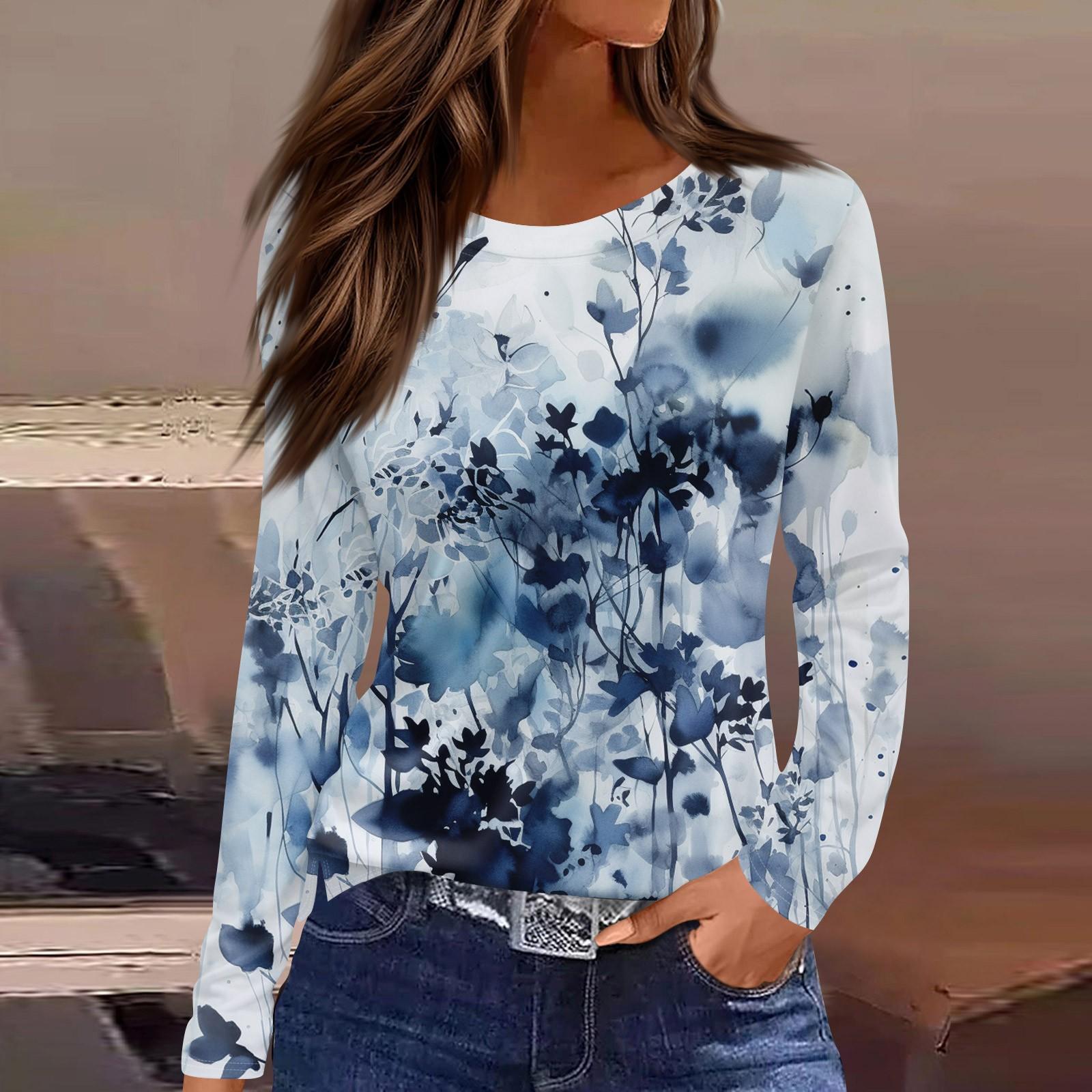 

Женская мода повседневный топ с цветочным принтом и круглым вырезом, длинными рукавами S