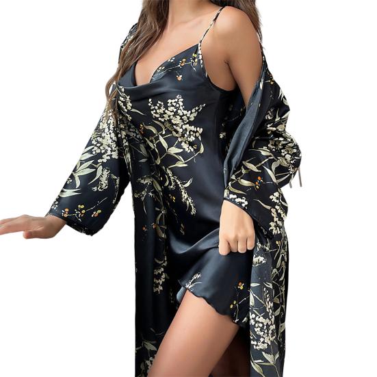 

2 шт./компл. женский пижамный комплект с v-образным вырезом, открытой спиной, без рукавов, короткая ночная рубашка, кардиган с длинными рукавами и цветочным принтом 3XL чёрный