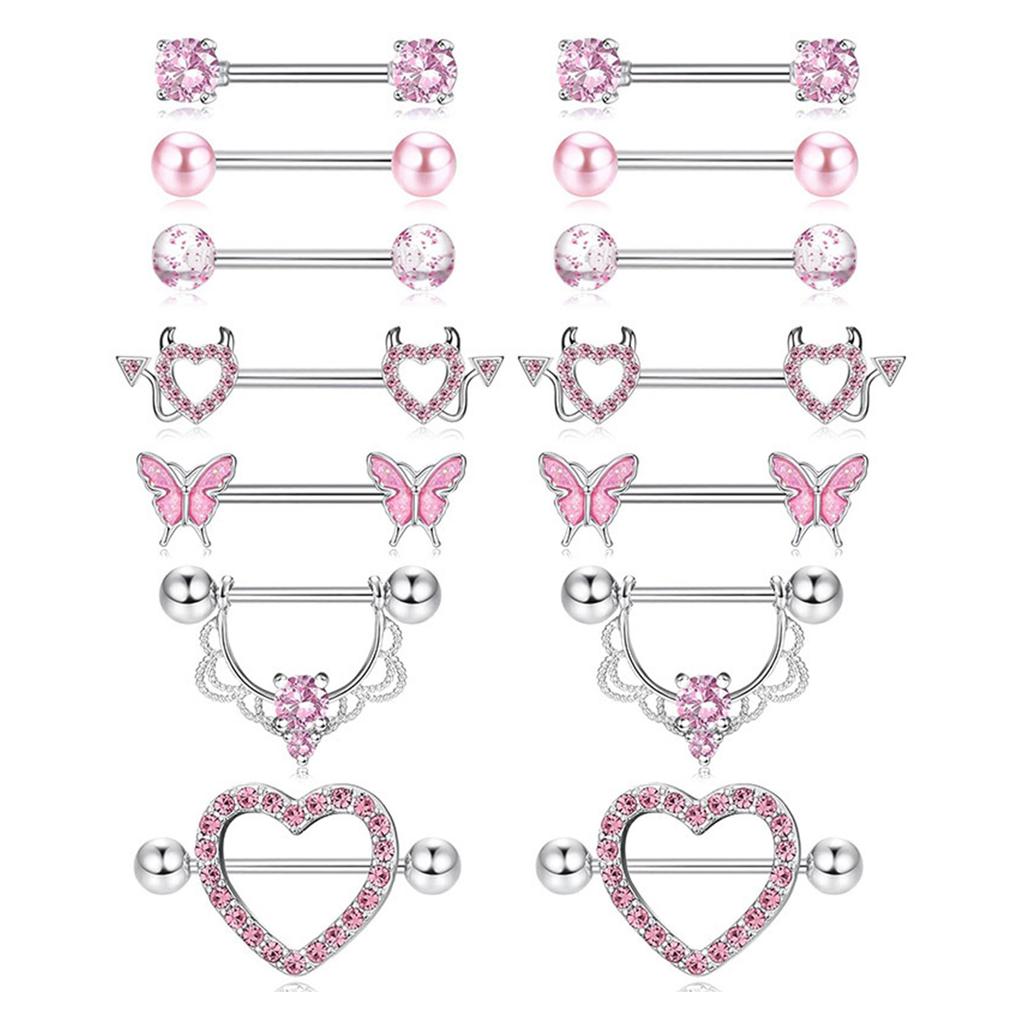 Fashionable Nipple Rings Jewelry Set with Sparkling Pink Silver Cubic Zirconia Stones for Fashion Enthusiasts