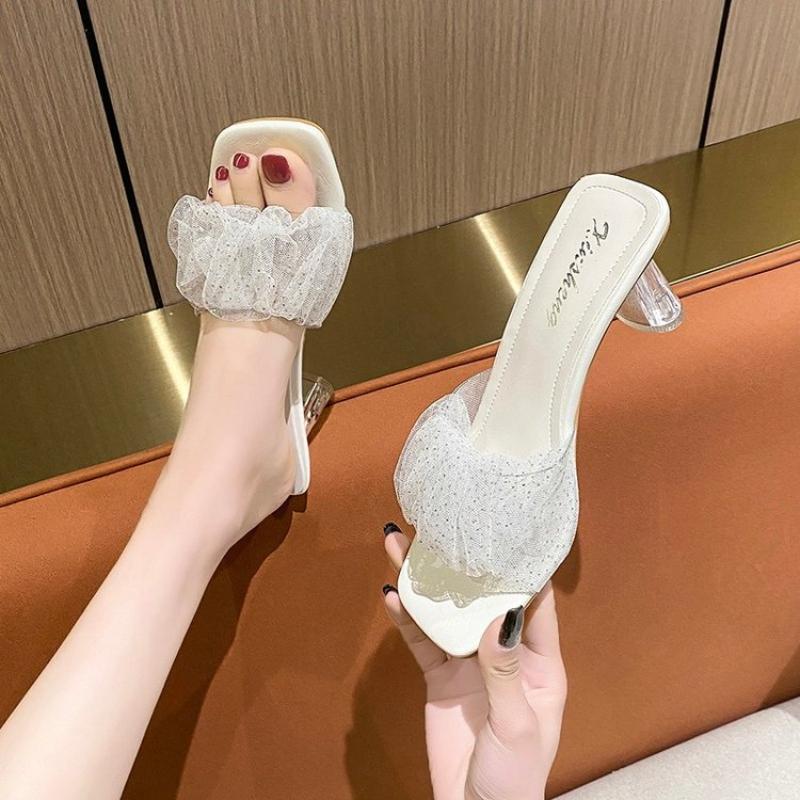 2025 Summer New High Heels Transparent Crystal Thick Heel Slippers Women's Fashion Open Toed One Line Cool Drag