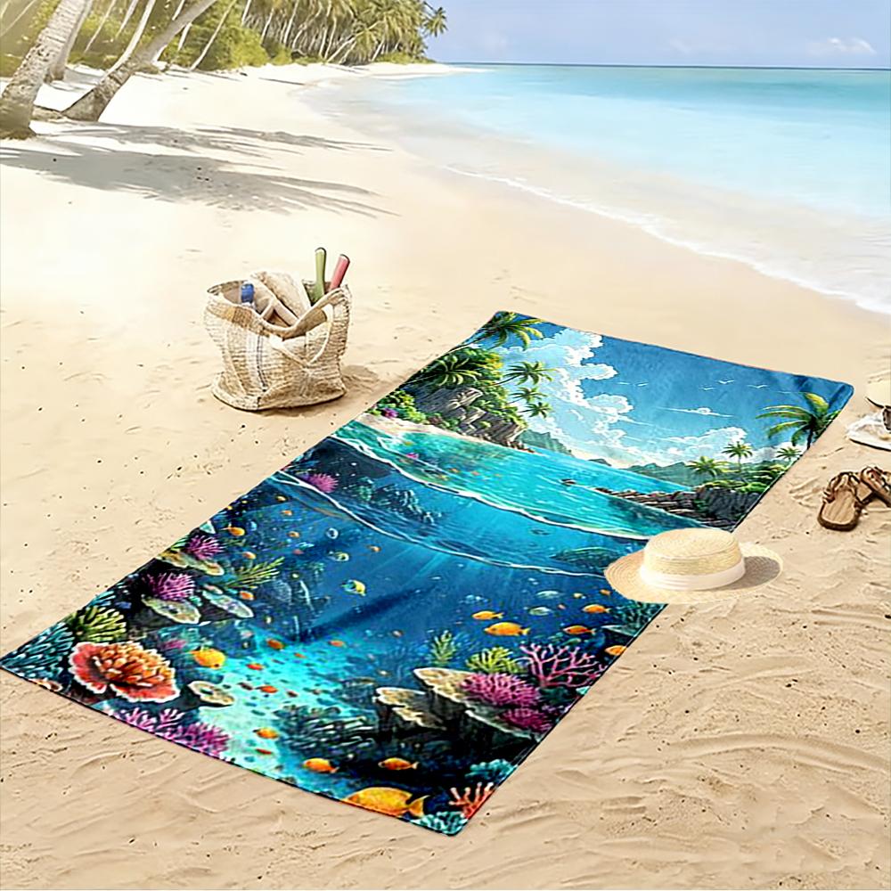 Underwater Coral Reef with Tropical Beach Scene Beach towel quick-drying for travel outdoor sports jogging beach and swimming