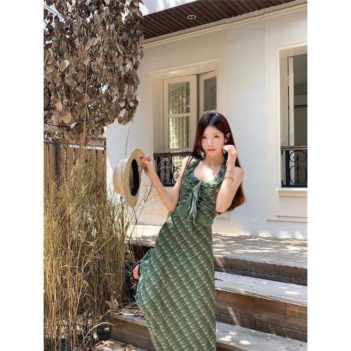 

Retro temperament plaid neck dress women s summer new waist A word thin ruffle edge long skirt S зелёный