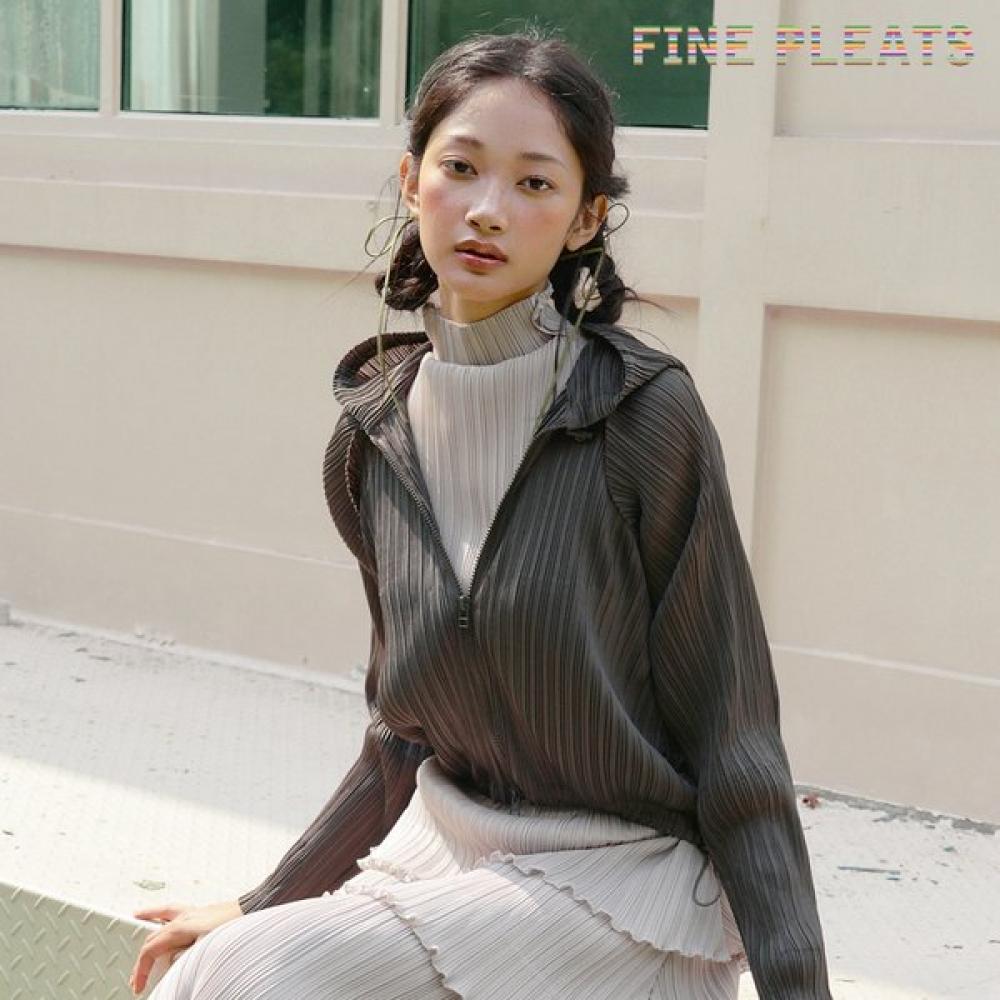 Fine Pleats Hooded Zip Up Jumper Brown FREE