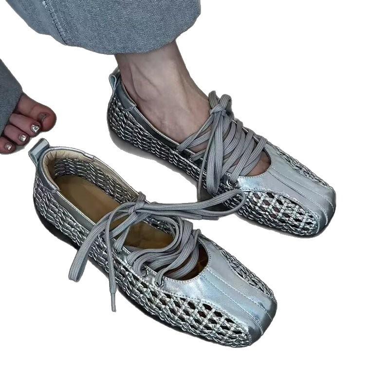 Cowhide Version~ Retro Woven Ballet Shoes Women's Fashion Woven Hollow Mary Jane Single Shoes Laugh Small Leather Shoes Women's Trend