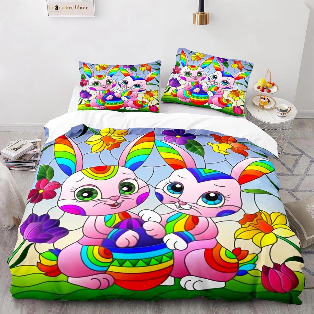 Rabbit Rainbow King Queen Duvet Cover Cartoon Animals For Children Boys Girls Easter Green Polyester Quilt Cover Bedroom Decor