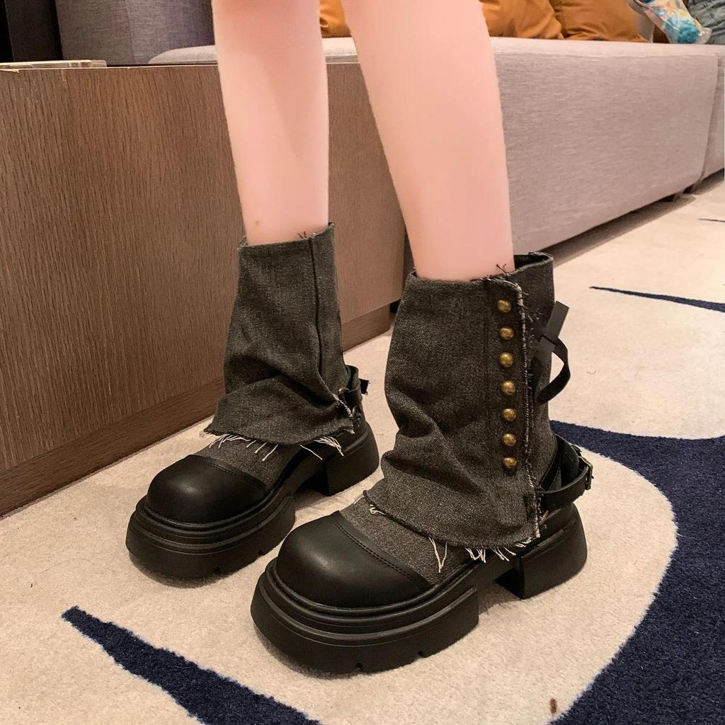 Women's Boots New Mid Calf Boots for Women Fashion Platform Boot Breathable Canvas Cowboy Boots for Women Motorcycle Botas