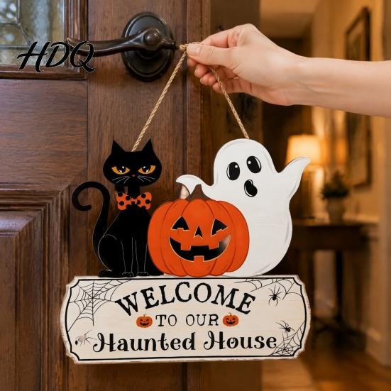 Creative Holiday Souvenir Halloween Wood Welcome Door Sign, Pumpkin Ghost Black Cat Hanging Decor for Spooky Party Supplies Front Door, Rustic