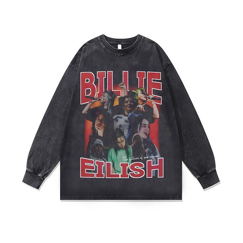 Hip Hop Rap Portrait Print Vintage Washed Long Sleeve T-Shirt Fall And Winter Loose Cotton Crew Neck Base Shirt For Men