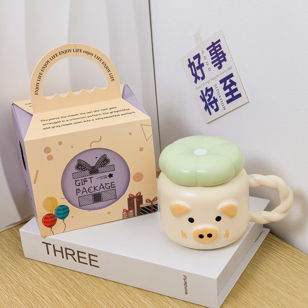 Pig ceramic mug cute with lid spoon water cup household coffee cup couple girl cup high value