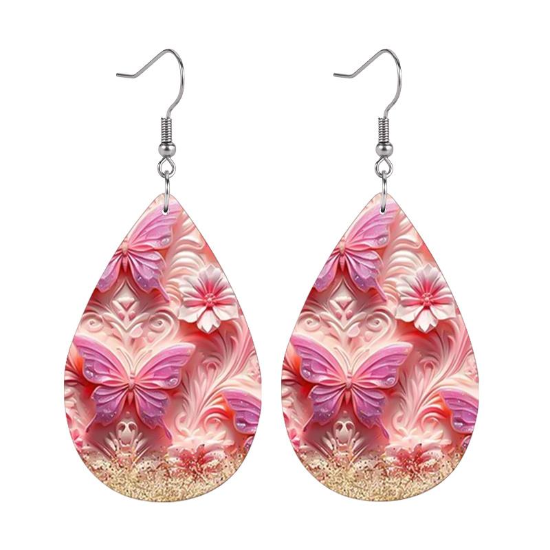 Vibrant Spring Blue Pink Butterflies with Floral PU Earrings for Women, Y2K Pink Color Double Sided Print Waterdrop Earrings