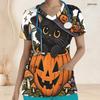Women Plus Size V Neck Short Sleeve Scrub Top Black Cat Witch Hat Pumpkin Mushroom Halloween Print Nurse Uniform Top