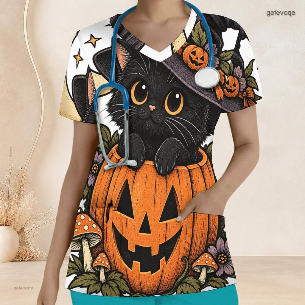 Women Plus Size V Neck Short Sleeve Scrub Top Black Cat Witch Hat Pumpkin Mushroom Halloween Print Nurse Uniform Top