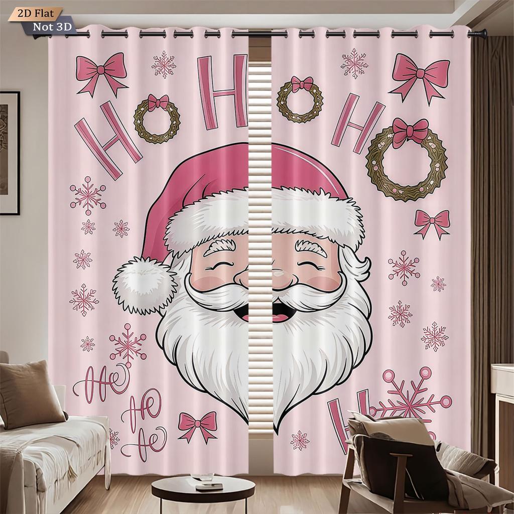 Set Of 2 Pink Santa Claus Printed Curtains Thermal Insulation Multiple Size Living Room Holiday Decoration Light Blocking Made Polyester Machine