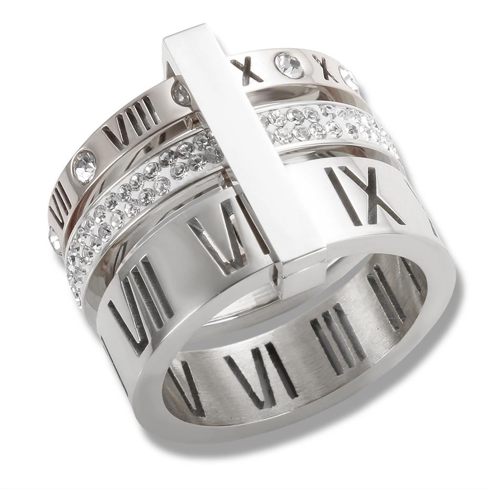Three Layers Roman Numerals Ring for Women Luxury Stainless Steel Rotatable Crystal Finger Rings Female Wedding Trendy Jewelry