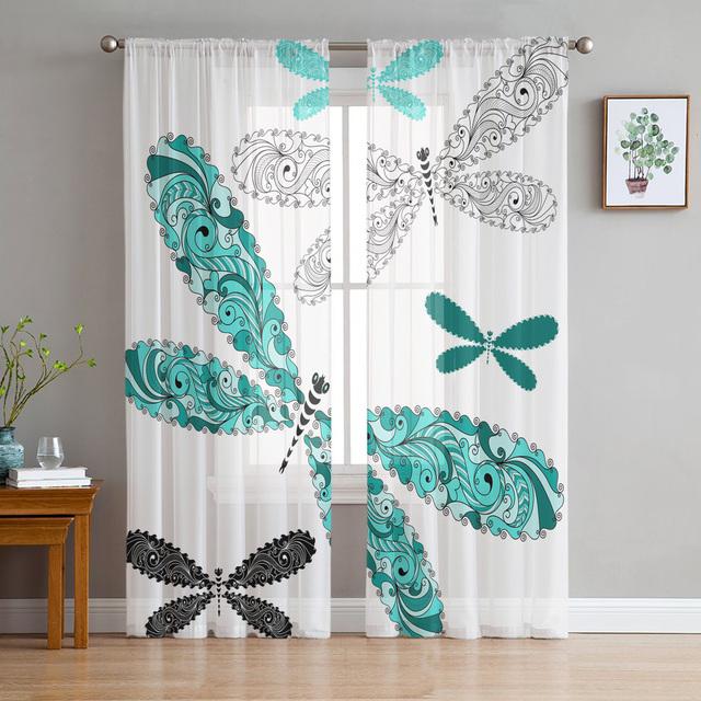 Dragonfly Flowers Sheer Curtain For Living Room Voile For Window Blinds Bedroom Tulle Drape Kitchen Cortinas Hall Curtains