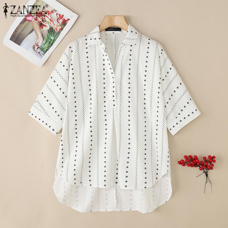 ZANZEA Women Turn Down Collar 3/4 Sleeve Loose Floral Blouse