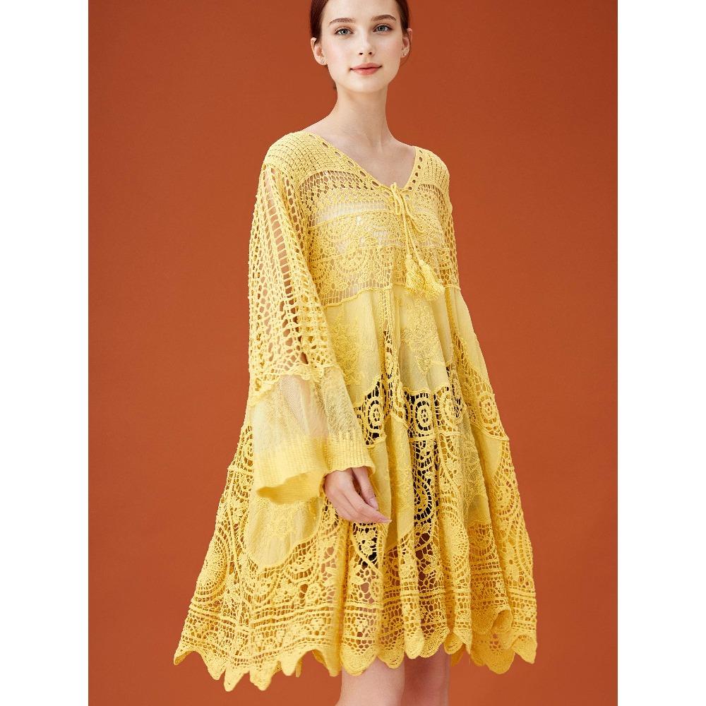 DIMANAF 2026  New Summer Women Long Basic Knitted Dress Sleeve  Fashion Lace Dresses Casual Loose