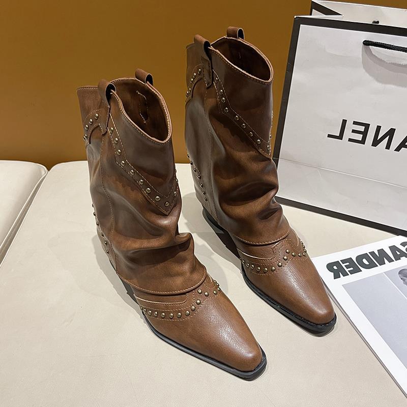 

Осенние ковбойские сапоги рыцарские сапоги в стиле вестерн ретро новые остроконечные сапоги толстый каблук короткие сапоги женские брюки-трубы заклепки модные 40 коричневый