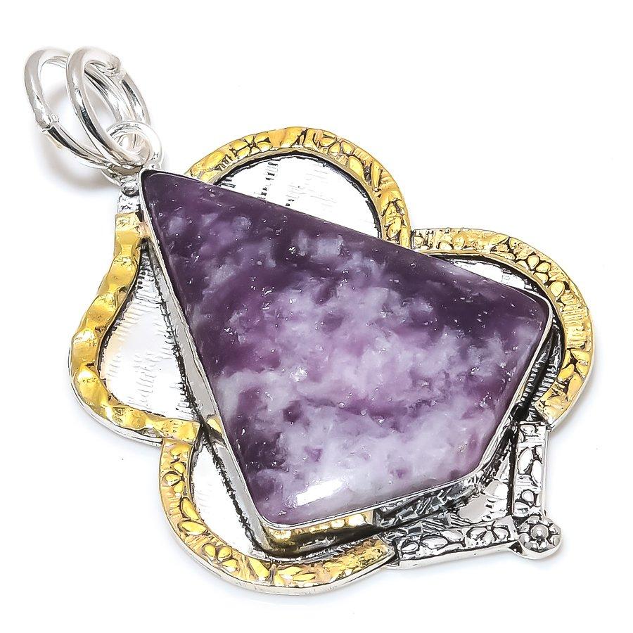 

Natural Lepidolite Gemstone 925 Sterling Silver Two Tone Pendant 2.56 k6z16