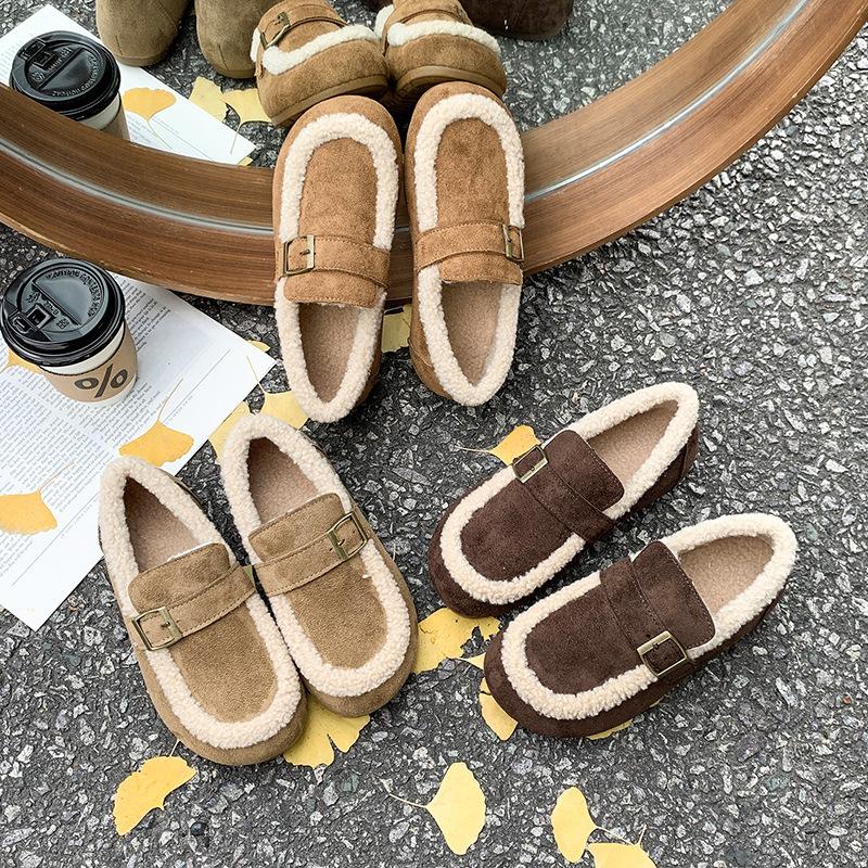 Casual Lambswool Loafers Women Flats Belt Strap Shoes Winter Furry Shoes Ladies Cotton Mocasines Warm Slip on Sheep Fur Boots