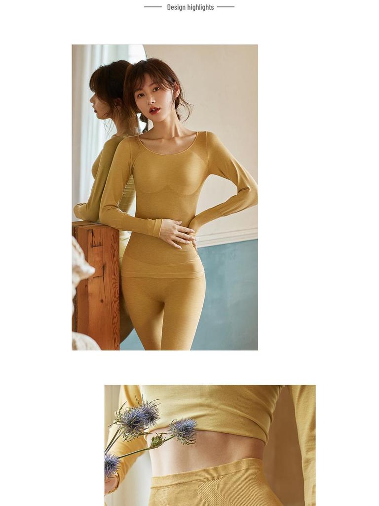 Women's Seamless Thermal Underwear Set - Round Neck, Thin, Tight, Warm Body-Shaping for Autumn/Winter